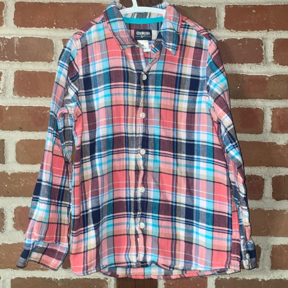 Oshkosh size 8 peach & teal plaid shirt